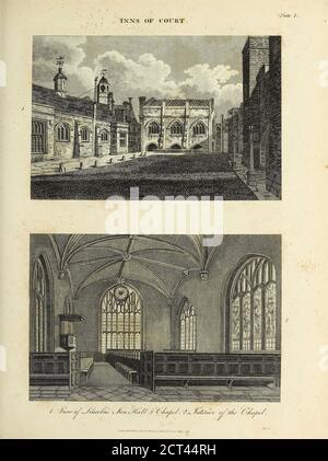 Inns of Court, Lincoln's Inn Hall and Chapel (Oben) Innere der Kapelle (Unten) Kupferstich aus der Encyclopedia Londinensis oder, Universal Dictionary of Arts, Sciences, and literature; Band XI; herausgegeben von Wilkes, John. Veröffentlicht 1812 in London Stockfoto