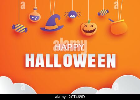 Happy halloween mit Papierkunst Element Design für Grußkarte, Banner, Poster, Einladung. Stock Vektor