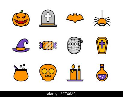 Halloween Icon Set colorline Stil. Symbole für Website, Print, Magazin, App und Design. Stock Vektor