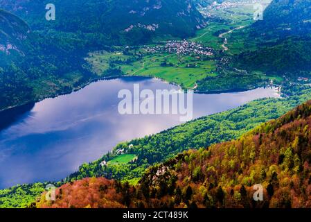 Wocheiner See (Bohinjsko Jezero), gesehen vom Skigebiet Vogel, Nationalpark Triglav, Julischen Alpen, Slowenien, Europa Stockfoto