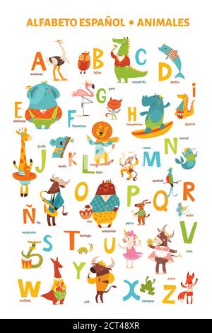 Spanisches Alphabet Poster mit Cartoon-Tieren Stock Vektor