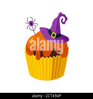 Halloween Cupcake mit Spinne und Hexenhut. Buntes Dessert für gruselige halloween-Party. Vektor-Illustration in niedlichen Cartoon-Stil Stock Vektor