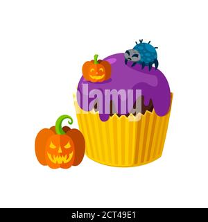 Halloween Cupcake mit Spinne und Kürbissen. Orange und violette Dessert für gruselige halloween-Party. Vektor-Illustration in niedlichen Cartoon-Stil Stock Vektor