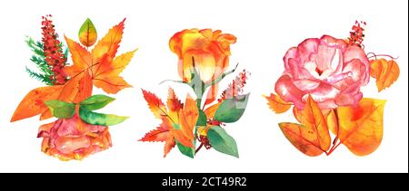 Eine Reihe von Herbststräußen, Aquarell Fall Blumenarrangements für Grußkarten, Plakate oder Hochzeitseinladungen, isoliert auf weißen Rosen Stockfoto