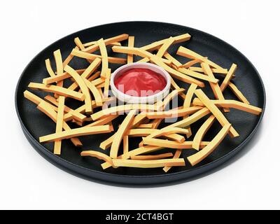 Pommes Frites mit Ketchup in der Schale isoliert auf weißem Hintergrund. 3D-Illustration. Stockfoto