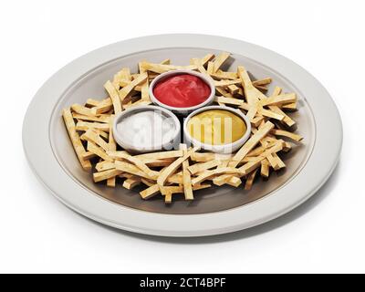 Pommes Frites mit Ketchup in der Schale isoliert auf weißem Hintergrund. 3D-Illustration. Stockfoto