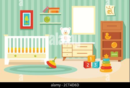 Vektor-Cartoon-Illustration von Kinderzimmer mit Möbeln und Spielzeug für kleine Kinder. Kinder gemütliche Zimmer Innenraum flache Vektor-Illustration Stock Vektor