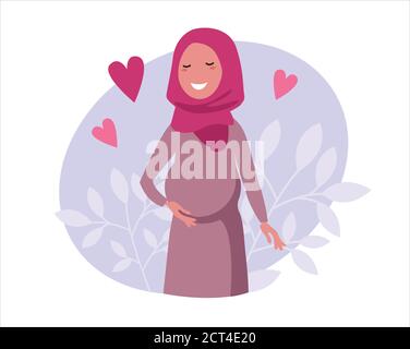 Ein Poster mit einer schönen muslimischen schwangeren Frau. Minimalistisches Design, flache Cartoon-Vektor-Illustration. Eine schwangere Frau hält die Hände auf dem Bauch Stock Vektor