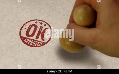 OK genehmigte Stempel und Stempelhand. Check, akzeptiert, zugelassen und Erfolgskonzept. Stockfoto