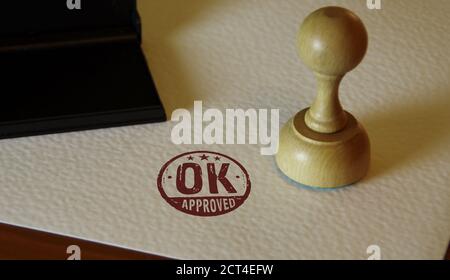 OK genehmigte Stempel und Stempelhand. Check, akzeptiert, zugelassen und Erfolgskonzept. Stockfoto