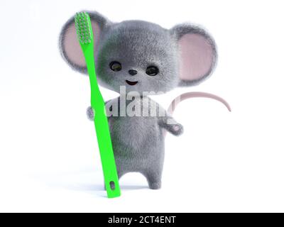 3D-Rendering einer entzückenden kawaii pelzigen lächelnden Maus mit einer sehr großen grünen Zahnbürste. Bereit, seine Zähne zu putzen! Weißer Hintergrund. Stockfoto