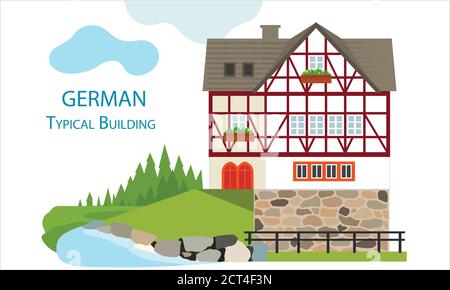 Deutsches altes typisches Haus. Vektorgrafik. Flaches Design typische Gebäude europäische alte Häuser. Niedliches Design für Hintergrund Stock Vektor