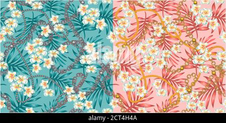 Luxuriöses, elegantes Muster mit modischen Accessoires tropische Blumen die Pracht der 80-er in Farbe live Koralle und türkis nahtlose Muster Stock Vektor