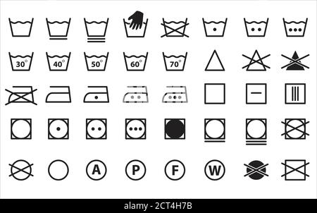 Symbole für waschbar. Vollständige Symbole für Wäsche, Handwäsche, Waschmaschine, Etikett, Bügeleisen, Pflege. Symbole zum Waschen. Vektorgrafik. Stock Vektor