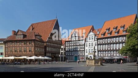 Bäcker´ Zunfthalle (links) und Metzger´ Zunfthalle (zweite links), Marktplatz, Hildesheim, Niedersachsen, Deutschland Stockfoto