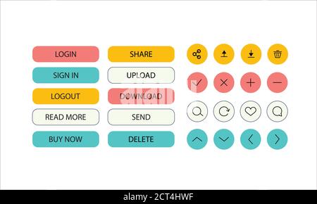 Satz von Tasten mit Symbol für Website und Anwendungen. Vektor trendige Symbole. Stock Vektor