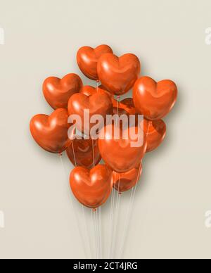 Orange Herz Form Luftballons Gruppe auf einem beigen Hintergrund. 3D-Darstellung rendern Stockfoto