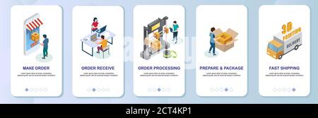 Online 3d-Druck mobile App Onboarding Bildschirme Vektor-Vorlage Stock Vektor