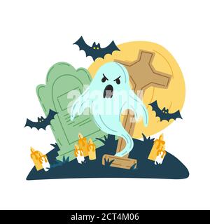 Halloween Party Einladungskarte für Feiertage. Kürbis und Fledermäuse, Geister. Vektorgrafik. Stock Vektor