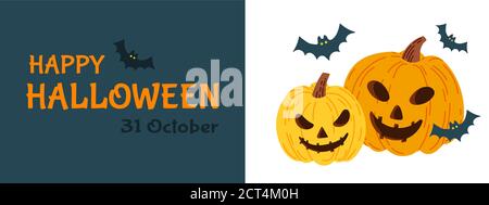 Halloween Party Einladungskarte für Feiertage. Kürbis und Fledermäuse, Geister. Vektorgrafik. Stock Vektor