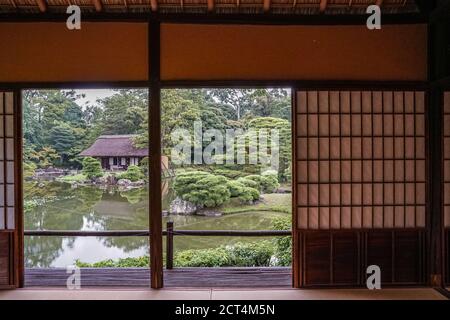 Teehaus Gepparo, Kaiserliche Villa Katsura, Kyoto, Japan. Traditionelles chaya (Teehaus), erbaut in der Edo-Zeit, 17. Jahrhundert. Stockfoto