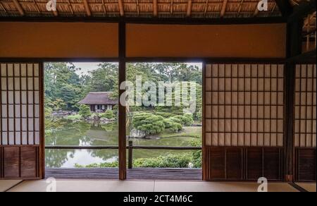 Teehaus Gepparo, Kaiserliche Villa Katsura, Kyoto, Japan. Traditionelles chaya (Teehaus), erbaut in der Edo-Zeit, 17. Jahrhundert. Stockfoto