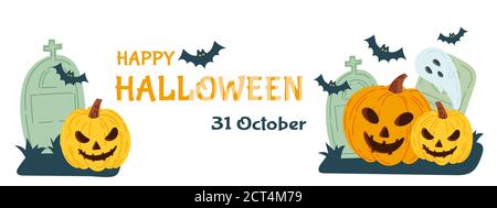 Halloween Party Einladungskarte für Feiertage. Kürbis und Fledermäuse, Geister. Vektorgrafik. Stock Vektor