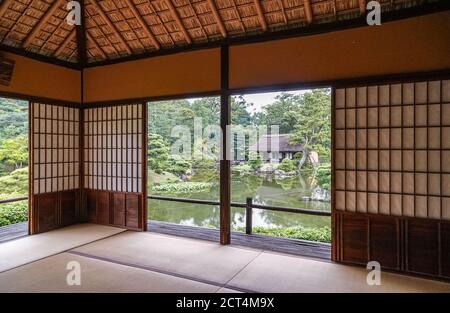 Teehaus Gepparo, Kaiserliche Villa Katsura, Kyoto, Japan. Traditionelles chaya (Teehaus), erbaut in der Edo-Zeit, 17. Jahrhundert. Stockfoto