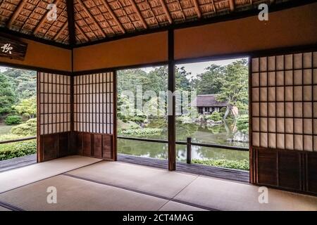 Teehaus Gepparo, Kaiserliche Villa Katsura, Kyoto, Japan. Traditionelles chaya (Teehaus), erbaut in der Edo-Zeit, 17. Jahrhundert. Stockfoto