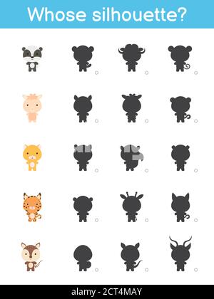 Wessen Silhouette Spiel Vorlage. Passende Spiel für Kinder mit niedlichen Cartoon Tiere. Aktivitätsseite für Kinder. Arbeitsblatt zur Entwicklung von Schulungen. Logisches Thin Stock Vektor