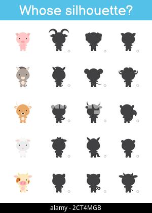 Wessen Silhouette Spiel Vorlage. Passende Spiel für Kinder mit heimischen Cartoon-Tiere. Aktivitätsseite für Kinder. Arbeitsblatt zur Entwicklung von Schulungen. Logisch Stock Vektor