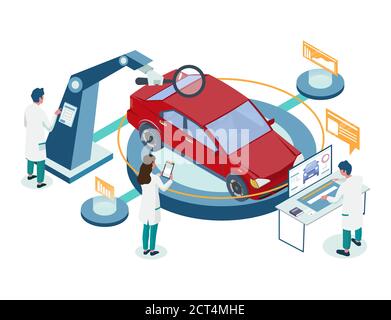 Auto-Reparatur-Auto-Diagnose-Service-Vektor isometrische Abbildung Stock Vektor