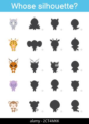 Wessen Silhouette Spiel Vorlage. Passende Spiel für Kinder mit afrikanischen Cartoon-Tiere. Aktivitätsseite für Kinder. Arbeitsblatt zur Entwicklung von Schulungen. Logisches t Stock Vektor