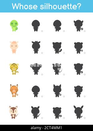 Wessen Silhouette Spiel Vorlage. Passende Spiel für Kinder mit niedlichen Cartoon Tiere. Aktivitätsseite für Kinder. Arbeitsblatt zur Entwicklung von Schulungen. Logisches Thin Stock Vektor
