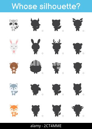 Wessen Silhouette Spiel Vorlage. Passende Spiel für Kinder mit Wald Cartoon Tiere. Aktivitätsseite für Kinder. Arbeitsblatt zur Entwicklung von Schulungen. Logisches Th Stock Vektor