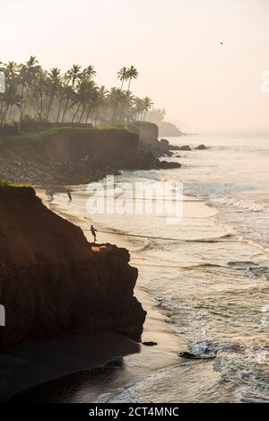 Fischer ziehen große Fischernetze an einem tropischen Strand mit Palmen am Kappil Beach, Varkala, Kerala, Indien Stockfoto