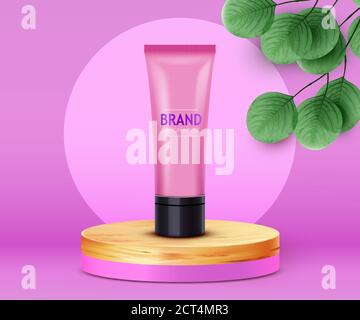 Kosmetikflasche Mockup, Beauty-Kosmetik-Produkt für die Gesichtspflege auf rosa Hintergrund mit grünen Blättern, bb-Creme oder Foundation Tube Paket Design. Vektorgrafik Stock Vektor