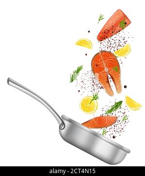 Lachs rot Fisch Steaks und Pfanne, Vektor realistische Illustration Stock Vektor