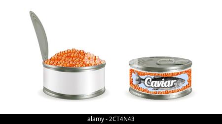 Roter Kaviar in Metall kann Mockup gesetzt, Vektor isoliert Illustration Stock Vektor
