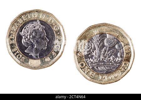 Vorder- und Rückseite der britischen 1-Pfund-Münze Isoliert auf weißem Hintergrund Stockfoto