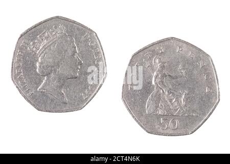 Nahaufnahme eines britischen 50 Pence Coins isoliert auf Ein weißer Hintergrund Stockfoto