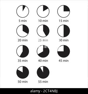 Uhrzeit- und Uhrensymbole. Ein einfacher Satz verschiedener Vektorsymbole. Enthält Symbole wie einen Timer für 5 Minuten, 30 Minuten, 45 Minuten und andere Stock Vektor