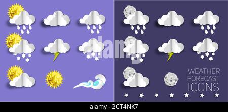 Symbolsatz für Wettervorhersage, Vektorgrafik im Papierformat Stock Vektor