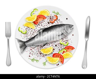 Lachs Fisch auf dem Teller, Vektor realistische Illustration Stock Vektor