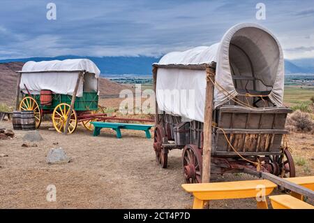 Wagenlager im Oregon Trail Interpretive Centre in der Nähe von Baker City, Oregon, USA Stockfoto