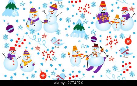 Wintermuster mit Schneemännern, Baum und Geschenken. Schneemann auf Ski im Winterwald auf weißem Hintergrund. Vektor Nahtloses Muster. Stock Vektor