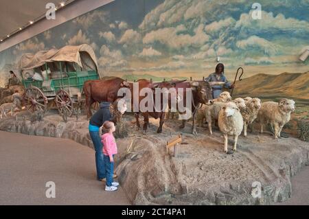 Schafe, Ochsen ziehen Siedlerwagen in lebensgroßen Diorama im Oregon Trail Interpretive Centre in der Nähe von Baker City, Oregon, USA Stockfoto