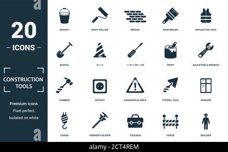 Symbolsatz für Bauwerkzeuge. Monochrom-Schildersammlung mit Eimer, Malrolle, Ziegel, Pinsel und über Ikonen. Bauwerkzeug-Elemente-Set. Stock Vektor