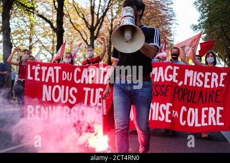 Am 17/09/2020, Lyon, Auvergne-Rhône-Alpes, Frankreich. Eine Intersyndicale (CGT, Solidariaires und FSU) rief am Donnerstag, dem 17. September, zu einer Demonstration in Frankreich auf Stockfoto