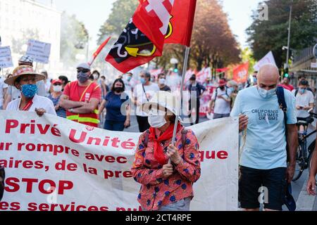 Am 17/09/2020, Lyon, Auvergne-Rhône-Alpes, Frankreich. Eine Intersyndicale (CGT, Solidariaires und FSU) rief am Donnerstag, dem 17. September, zu einer Demonstration in Frankreich auf Stockfoto